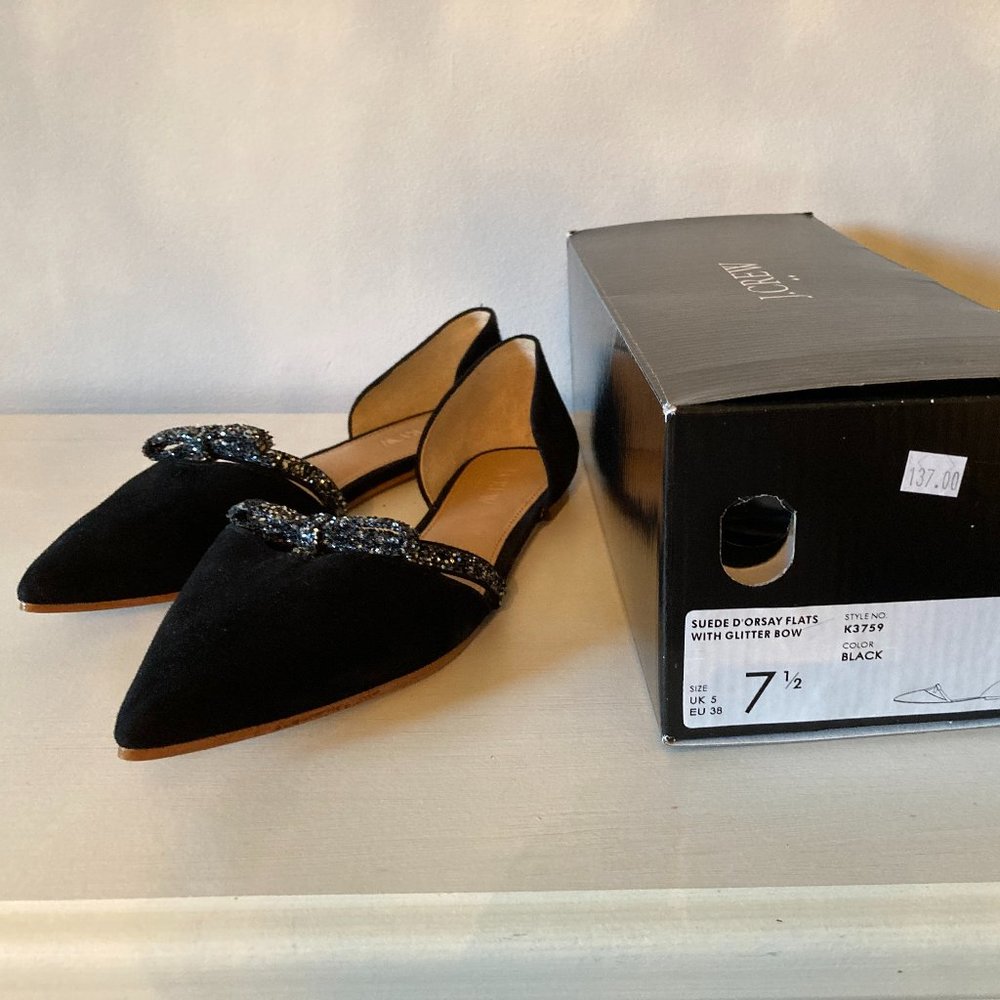 J Crew Black Suede Flats with Glitter Bow - NEW